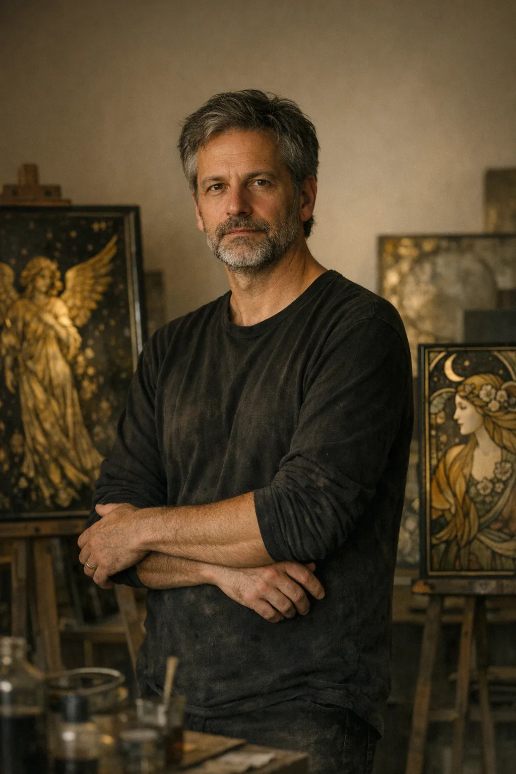 DADA in the studio beside reverse glass paintings
