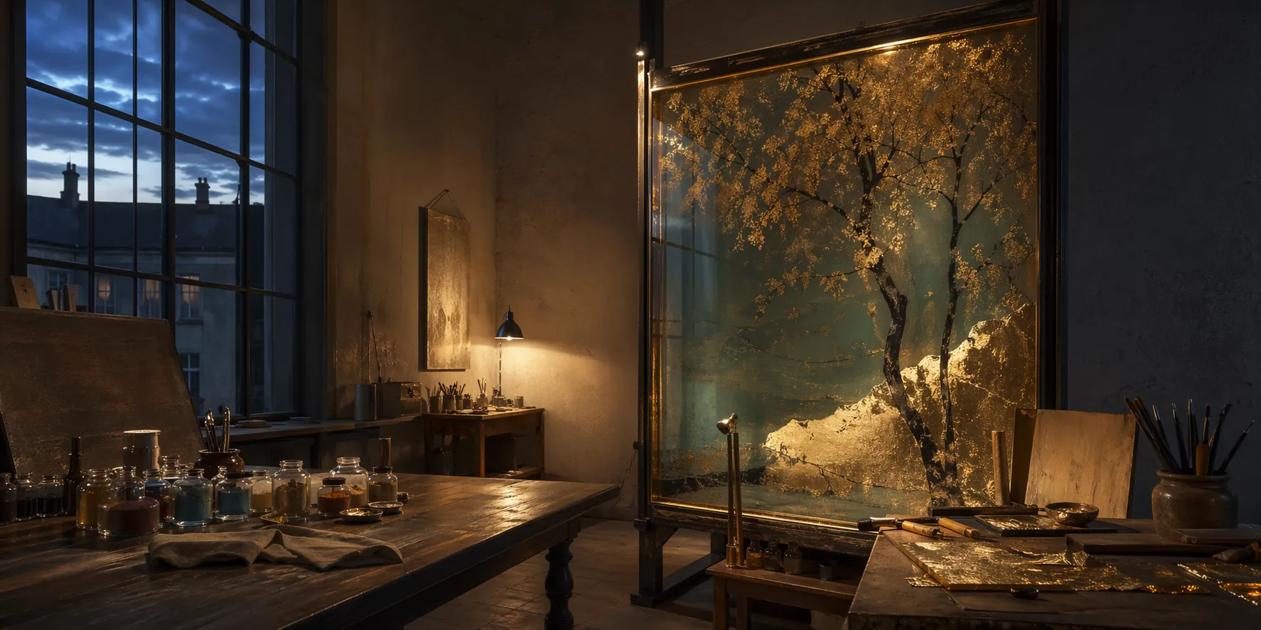 DADA's studio at blue hour with a painted glass panel