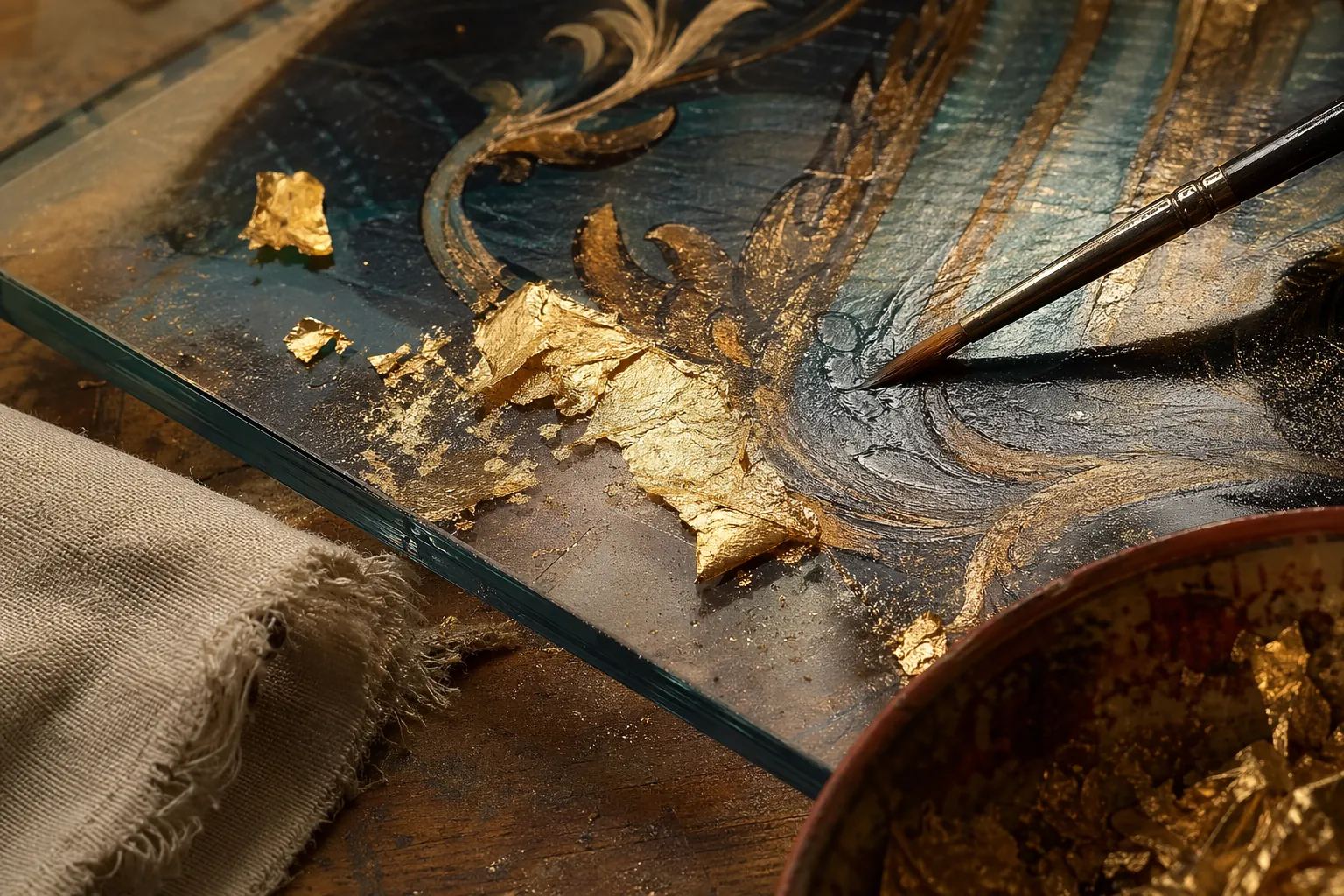 Pigment, gold leaf, and a brush on reverse-painted glass