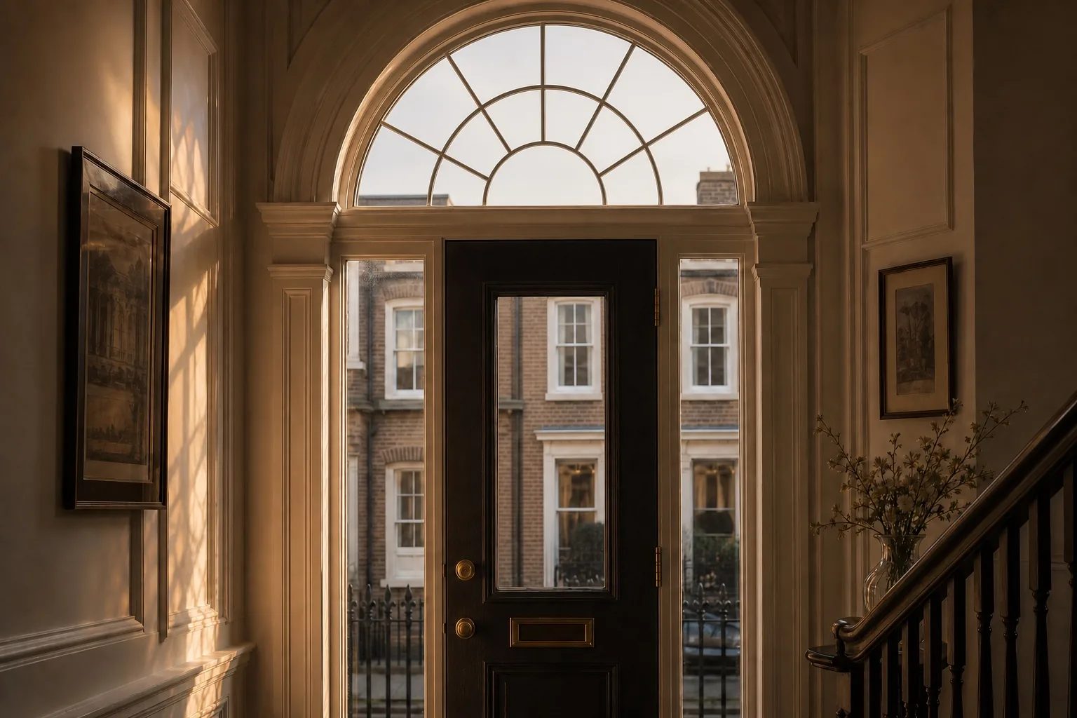 Concept view of an unpainted fanlight and door pane in a Georgian townhouse entry